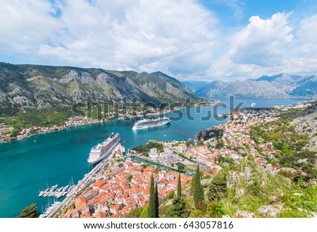The Kotor bay and the old town of Kotor, Montenegro view from Kotor's City Walls.
