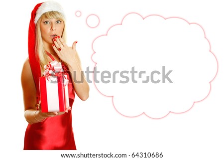 Young woman in a red dress and hat of Santa with a big gift box. Expressed surprise, his hand covers his mouth open. Near drawn air thoughts. Lots of copyspace and room for text on this isolate