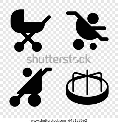 Pram icons set. set of 4 pram filled icons such as baby stroller, child playground carousel