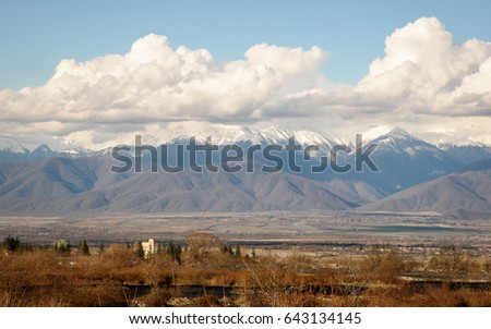Breathtaking view of the valley in front of the Greater Caucasus Mountain Range in Kakheti, Georgia