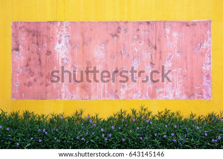 Outdoor concrete wall when take off picture frame texture background with flowers plants under