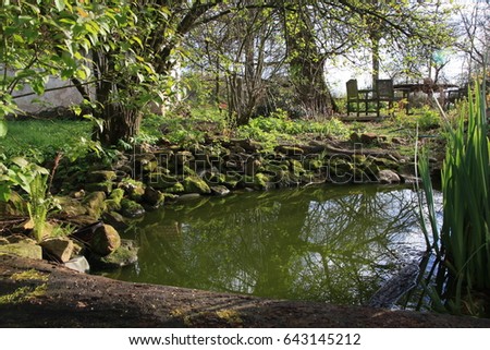 Charming garden pond, lined with moss-covered stones, wood and bushes. Pond equipped with water iris. In background garden sitting. Small natural garden lake in the spring.