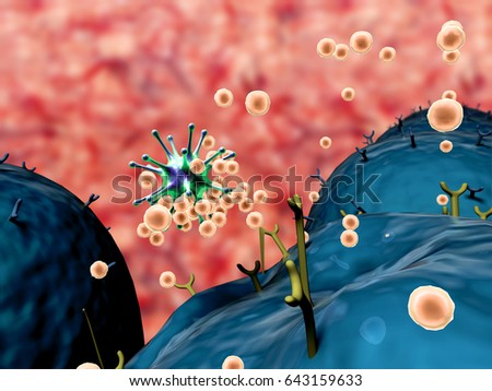 Coronavirus atack the lungs cell, Human Immune System attack the virus, leukocytes attack viruses Royalty-Free Stock Photo #643159633