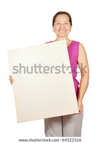 mature woman holding banner, isolated on white background