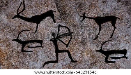 Picture of an ancient man. Rock paintings are made of ocher in a cave. archeology. Hunting scenes. stone Age. An image on a stone. Ancient world history. D Prehistoric painting.