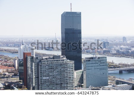 Arial View of the UNO city complex including VIC, Donauturm, 