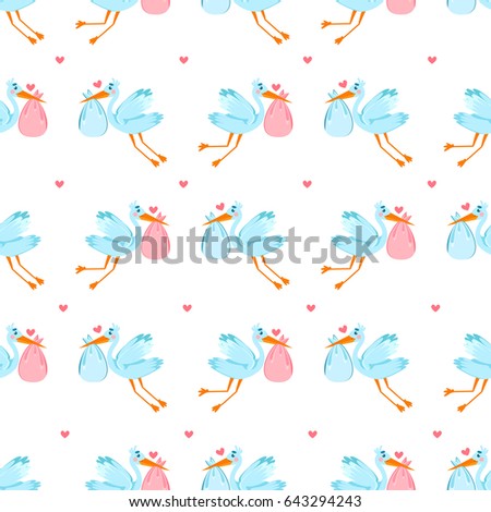 Very cute seamless pattern with stork, baby and hearts. Lovely background. Be happy. 