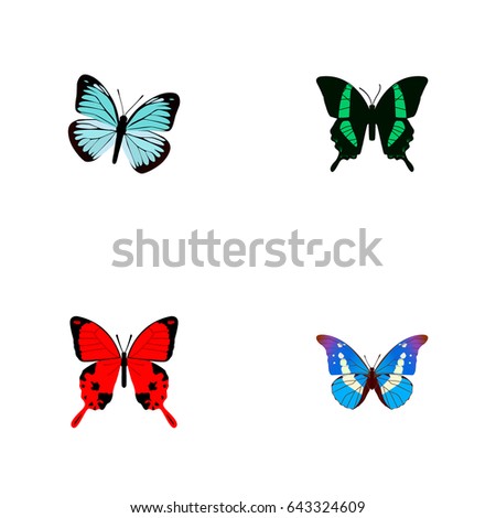 Realistic Bluewing, Beauty Fly, Sangaris And Other Vector Elements. Set Of Butterfly Realistic Symbols Also Includes Julia, Red, Sky Objects.
