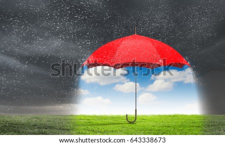Color umbrella in sky . Mixed media