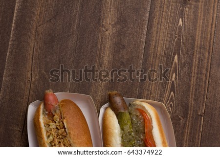 Hot dog on a wooden background, fast food, Hotdog eat