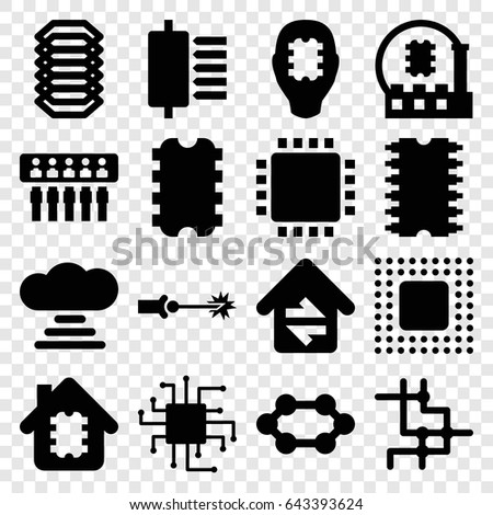 Circuit icons set. set of 16 circuit filled icons such as home connection, cpu, chip, electric circuit, cpu in house, cloud connection