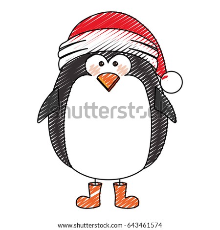 color crayon stripe cartoon of penguin with boots and christmas hat vector illustration