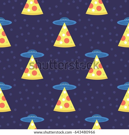 Abstract futuristic print with flying saucers, rays of light with pizza.