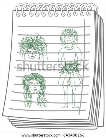 Beautiful girls faces on notebook background. Vector illustration. Free hand drawn.