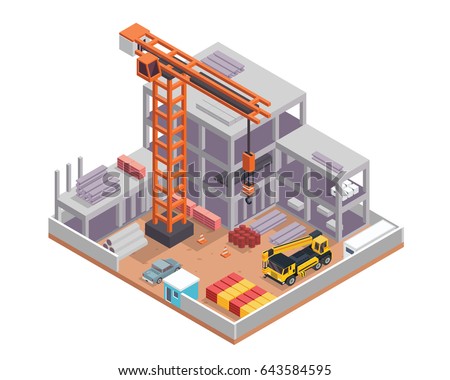 Modern Isometric Construction Site Progress Illustration, Suitable For Infographic, Games, Children Books, And Other Graphic Related Assets.