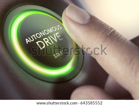 Finger pressing a push button to start a self-driving car. Composite image between a hand photography and a 3D background. Royalty-Free Stock Photo #643585552