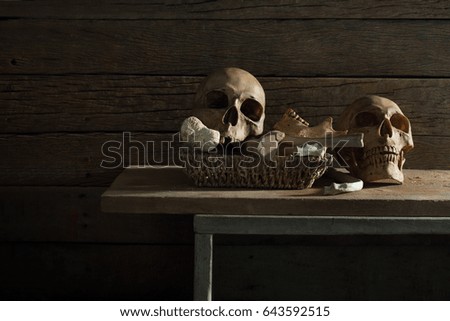 Two skulls with bones on the plank and old wooden wall / Still life and dim light selective focus

