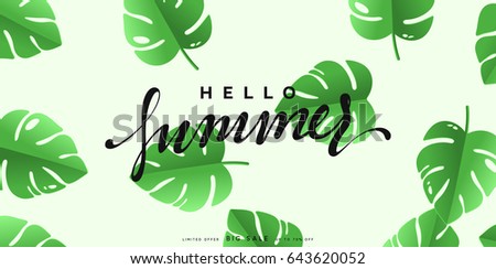 Hello Summer banner tropical background. Summer season, green leaves poster