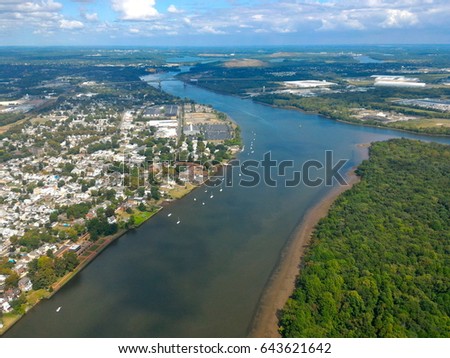 A part of Delaware River which divides Philadelphia and New Jersey states in the USA - aerial view 