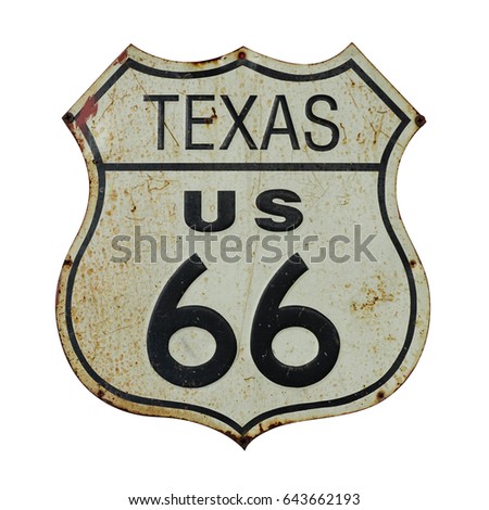   Street sign route 66 TEXAS US highway isolated on white background. This has clipping path.                               