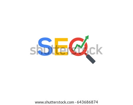 SEO multi color logo with magnifying glass and arrow Royalty-Free Stock Photo #643686874