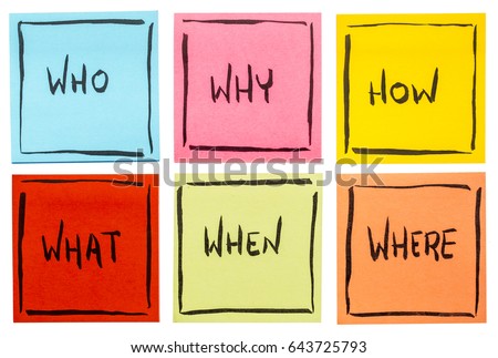 who,  why, how,  what, when and where questions - uncertainty, brainstorming or decision making concept,  a set of isolated colorful sticky notes Royalty-Free Stock Photo #643725793