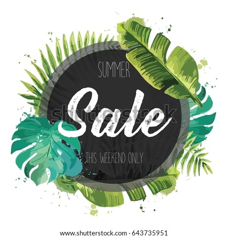 Sale banner, poster with palm leaves, jungle leaf. Beautiful vector floral tropical summer background.