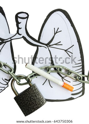 A cigarette on the lungs which are locked with chain and lock. No Tobacco day, 31 May, concept. Stop smoking. Picture is on white background. Isolate with clipping path.