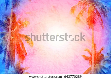 Retro photo background with palm trees and sunshine paradise island. Template for design, poster, business card