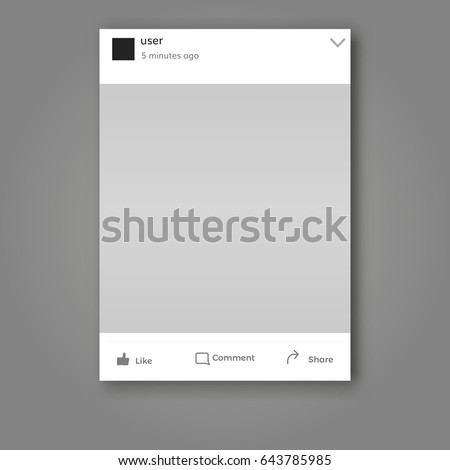 Facebook social network post frame isolated with place for  text and photo and like comment and share symbols 