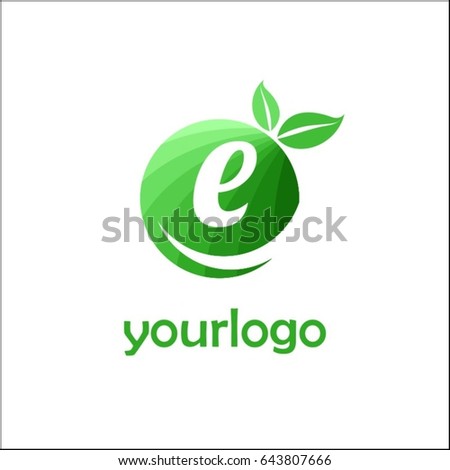 e letter organic market logo. Eco green food brand identity. Fresh apple with letters in a circle with leaves.
