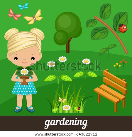Cute vector girl holding flower in garden