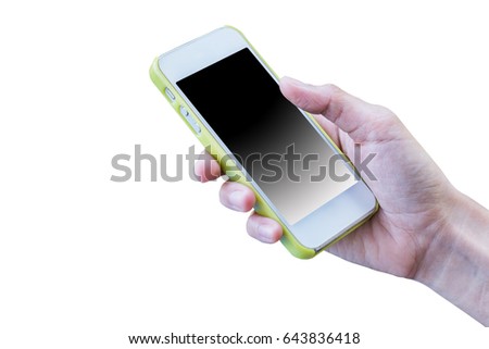 Hand holding black phone isolated on white background with clipping path