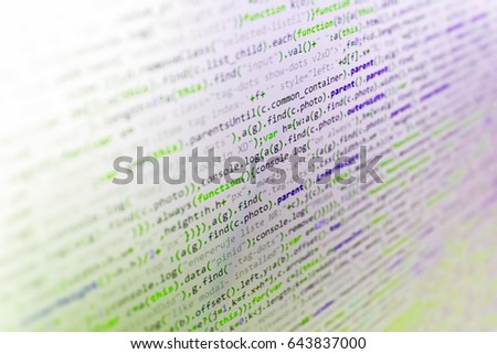 Monitor closeup of function source code. Mobile app developer. Programmer typing new lines of HTML code. Innovative startup project. Coding script text on screen. 
