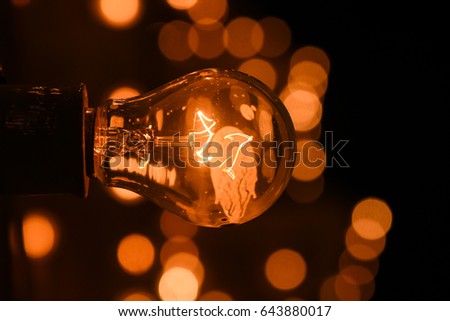 Incandescent electric light bulb filament, turned on, Mysore India. Illuminated Royalty-Free Stock Photo #643880017