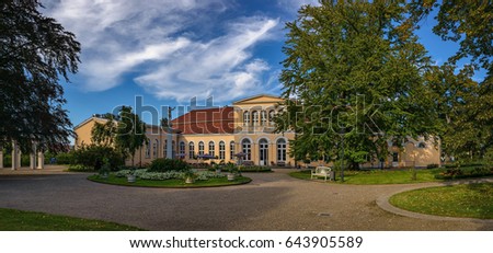 Castle garden Neustrelitz: Orangery with an orant. It is a copy of the antique bronce statue "Praying Boy" by Lysipp - Panorama stitched from five pictures.