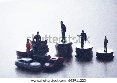 Double exposure of  Miniature people Stand on a coin  of paper texture for background, Business,saving and finance concepts,car,Art,Vintage,Retro,dark tone,Abstract,texture,soft focus and blur.