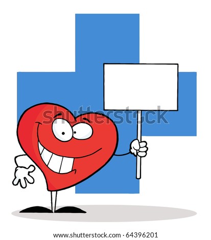 Red Heart Holding A Blank Sign Over A  Blue Cross