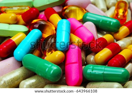
Medical or vitamin pills. Colorful medicine pills as texture. Pill pattern background.