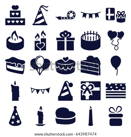Birthday icons set. set of 25 birthday filled icons such as baloon, present, gift, cake, piece of cake, heart balloons, heart cake, party hat, party flag, party pipe, candle