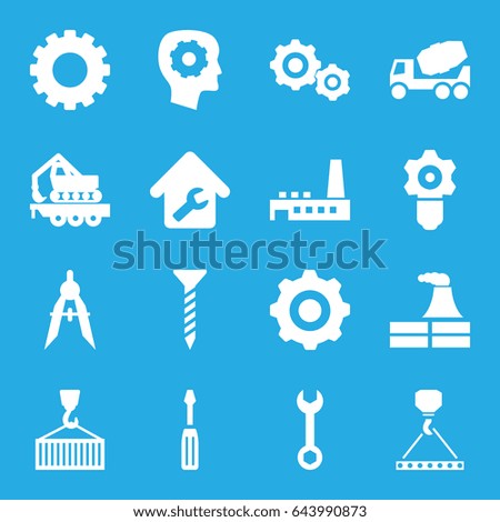 Engineering icons set. set of 16 engineering filled icons such as gear, factory, gear in head, screw, wrench, screwdriver, concrete mixer, hook with cargo, compass