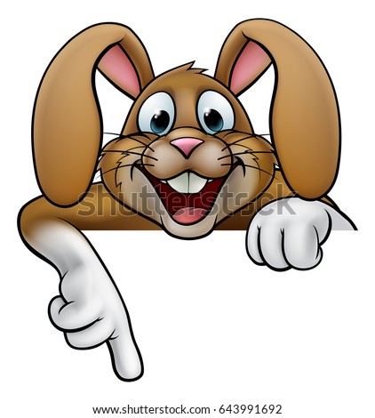A cartoon rabbit or Easter bunny peeking over a sign and pointing