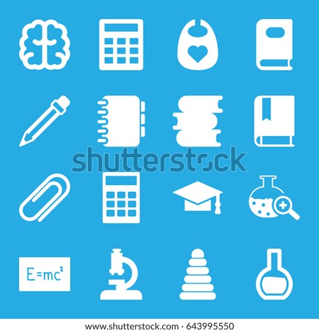 Education icons set. set of 16 education filled icons such as pyramid, baby bid, book, graduation cap, brain, test tube search, clip, pencil, test tube, notebook, microscope