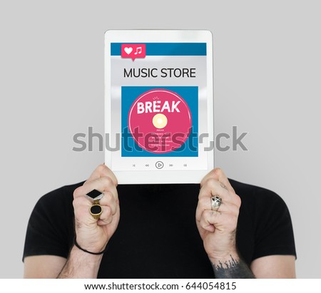Man holding network graphic overlay digital device