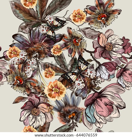 Beautiful botanical illustration pattern in watercolor with drawn vintage flowers