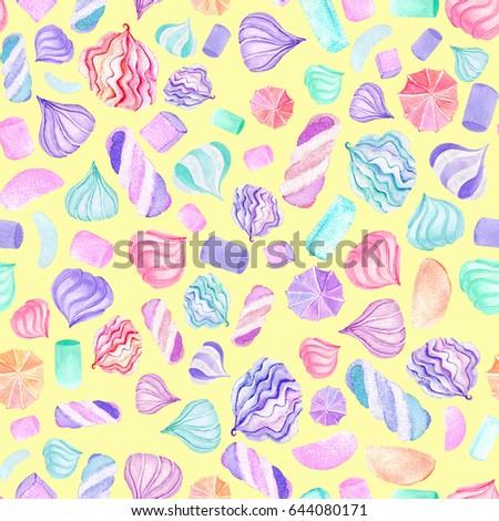 Seamless pattern with watercolor marshmallow, hand drawn isolated on a yellow background
