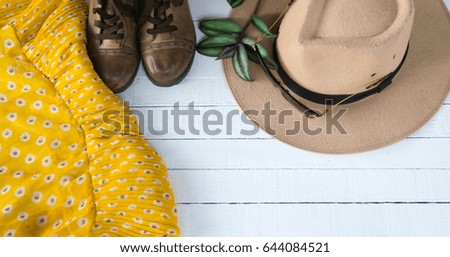 Dress Accessories women Jeans and hats sunglasses shoes on a white background.