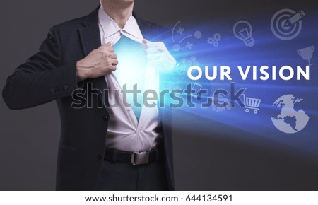 Business, Technology, Internet and network concept. Young businessman shows the word: Our vision
