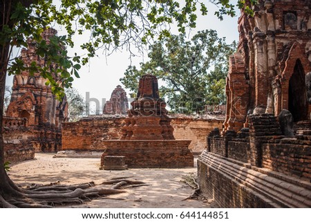 Ayutthaya temple ruins, Wat Maha That Ayutthaya as a world heritage site, Thailand. Ayutthaya historical park