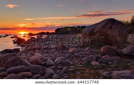 Beach at the Baltic sea. The Gulf of Finland. Estonian nature. Amazing sunset.